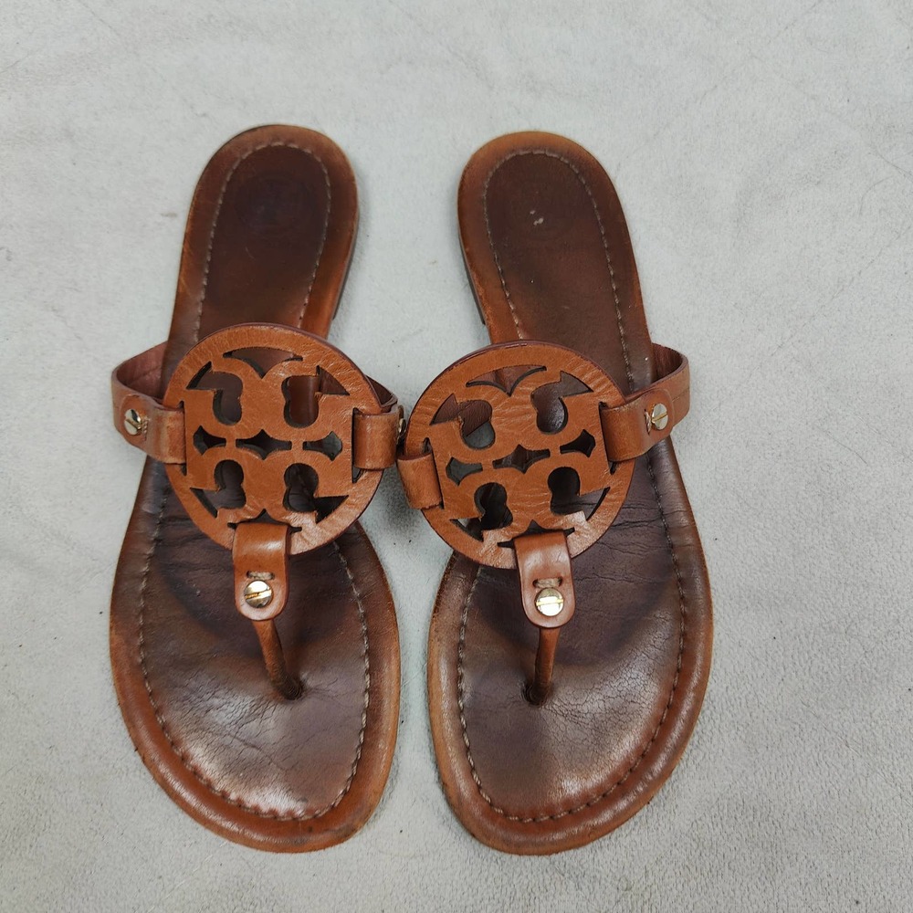 Tory Burch Miller Sandals Womens 7 Warm Brown Leather Flats Shoes Slip On Logo